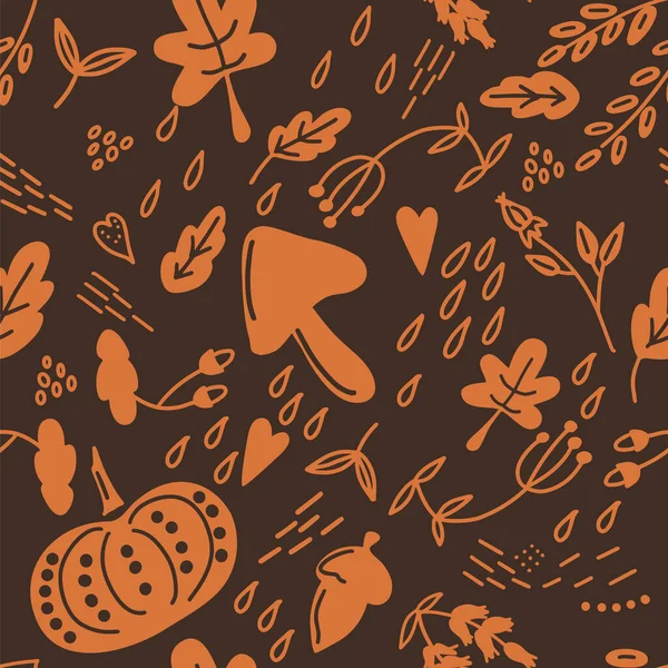 Seamless Vector Monochrome Pattern Autumn Leaves Mushroom Pumpkin Brown Beige — Vector de stock