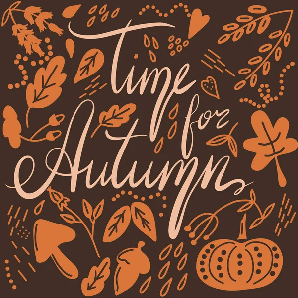 Poster with lettering and autumn leaves. Banner with autumn elements and handwritten text.
