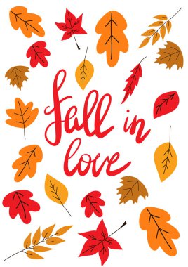 Poster with text and falling autumn leaves. Greeting autumn card.