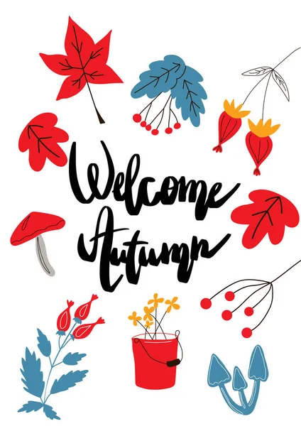 Poster with calligraphic lettering and autumn elements isolated on white background. Autumn greeting card.