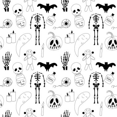 Kusursuz siyah beyaz Cadılar Bayramı deseni. Çizim, elle çizim.