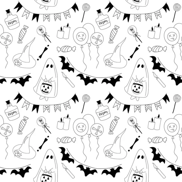 Kusursuz Siyah Beyaz Cadılar Bayramı Deseni Çizim Elle Çizim — Stok Vektör