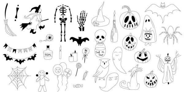 Uma Coleção Elementos Halloween Conjunto Elementos Temáticos Halloween Estilo Doodle — Vetor de Stock