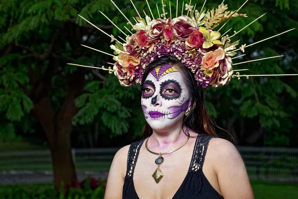 Jonge Vrouw Met Suikerschedel Make Dag Van Doden Catrina Portret — Stockfoto