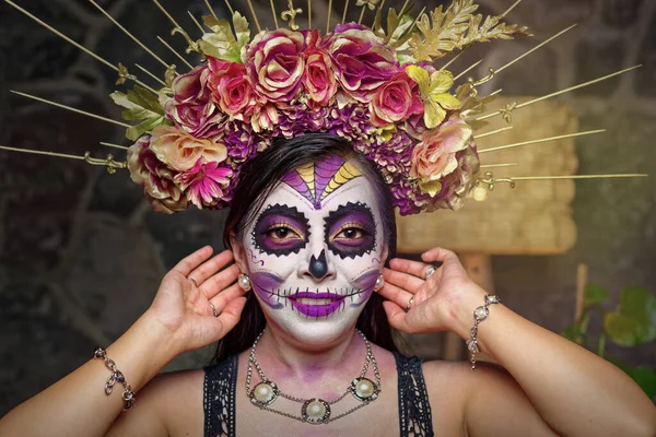 Jonge Vrouw Met Suikerschedel Make Dag Van Doden Catrina Portret — Stockfoto