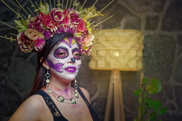 Jonge Vrouw Met Suikerschedel Make Dag Van Doden Catrina Portret — Stockfoto