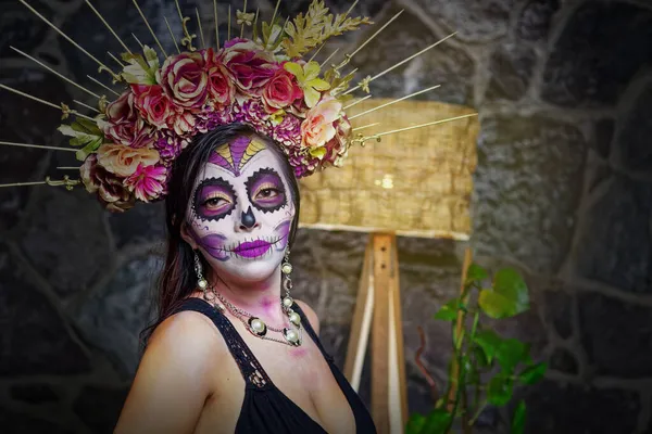 Young Woman Sugar Skull Makeup Day Dead Catrina Portrait — Stock Photo, Image