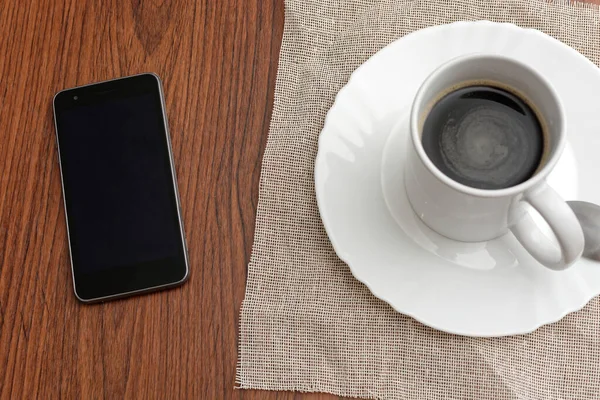 Cup Coffee Cell Phone Wooden Table — Stock Photo, Image