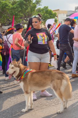 Colima, Colima / Mexico; Temmuz 03, 2022: LGBT + Pride Parade 'de evcil hayvanı olan kadın