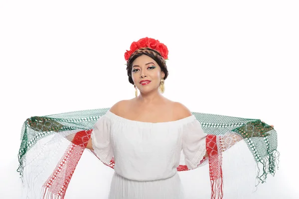 Mexican Woman Scarf Tricolor Make Wearing White Dress Woman Scarf — Zdjęcie stockowe