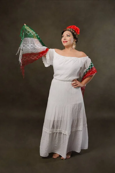 Mexican Woman White Dress Tricolor Scarf Full Length Female Portrait — Zdjęcie stockowe