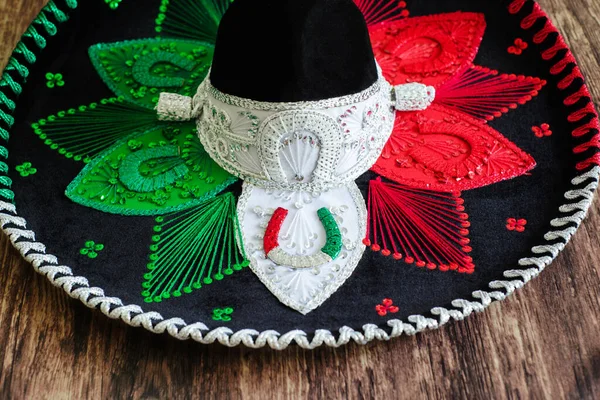 Mexican Charro Hat Wooden Table Typical Mexican Hat Colors Mexican — Stock fotografie