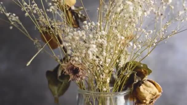 Glass Vase Dried Flowers Foreground Rotating — Stockvideo