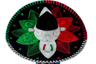 Mexican charro hat on serape. Typical mexican hat with the colors of the mexican flag.