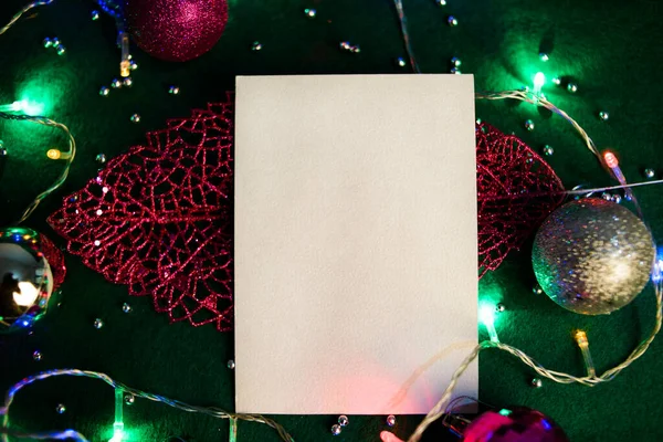 Üres Kártya Karácsonyi Dekorációval Karácsonyi Kártya Mockup — Stock Fotó