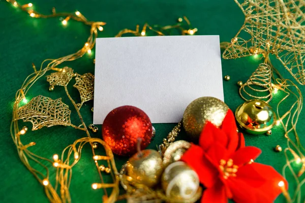Carte Blanche Avec Décorations Noël Poinsettia Modèle Carte Noël — Photo