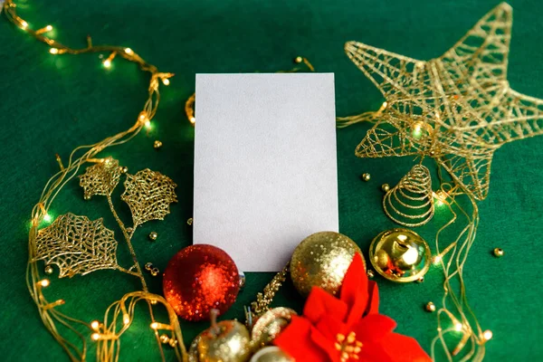 Carte Blanche Avec Décorations Noël Poinsettia Modèle Carte Noël — Photo