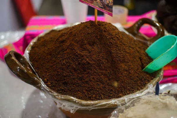 Envase Con Polvo Lunar Comida Típica Mexicana Vendida Mercado Callejero —  Fotos de Stock