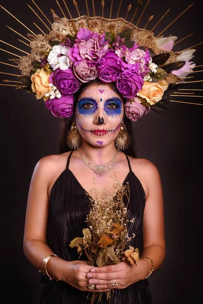 Retrato Estudio Una Chica Con Maquillaje Catrina Día Los Muertos — Foto de Stock