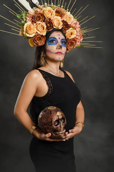 Kerstman Muerte Portret Van Een Vrouw Met Suikerschedel Make Halloween — Stockfoto