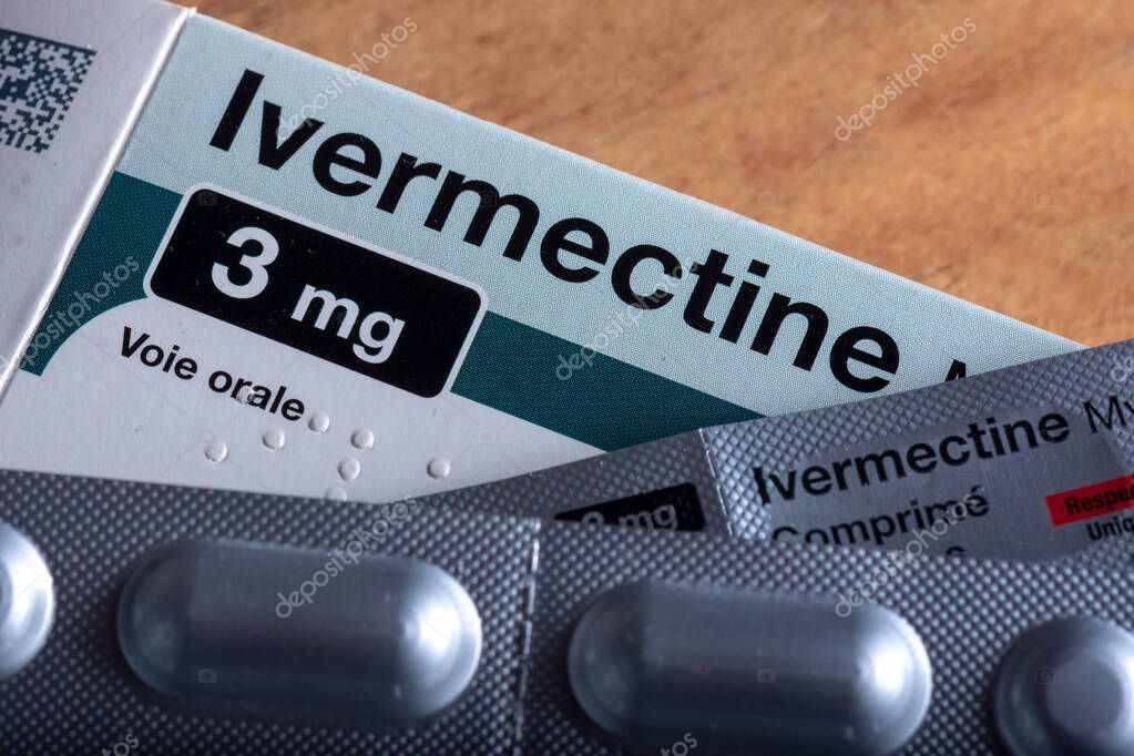 Clamart, France - April, 2, 2021: Box of Ivermectin (French packaging), an antiparasitic drug and also a potential treatment for Covid-19 disease