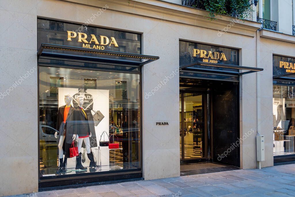 Paris, France - February 9, 2022: Exterior view of a Prada boutique, an Italian brand originating from Milan in Italy specializing in luxury and fashion