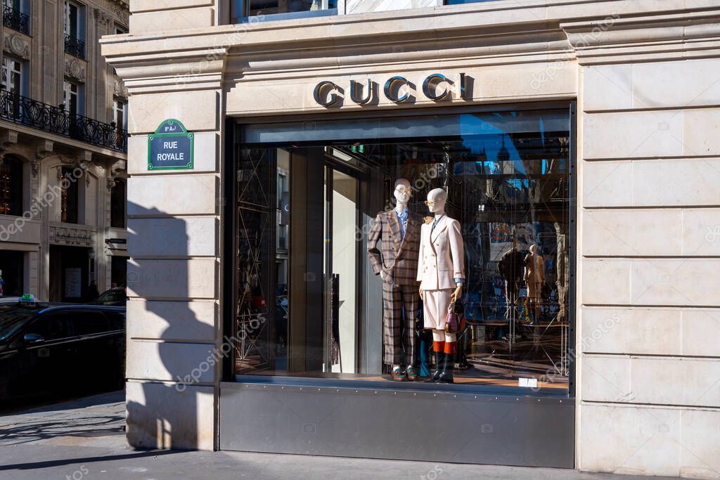 Paris, France - February 9, 2022: Exterior view of a Gucci boutique, an Italian brand originating from Florence in Italy specializing in fashion and luxury, and a subsidiary of the Kering group