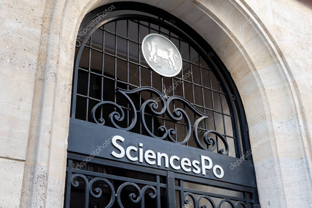 Paris, France - October 9, 2022: Sign and logo at the entrance to the Paris Institute of Political Studies (