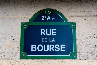 Traditional Parisian street sign with 'Rue de la Bourse' (meaning 'Stock Exchange Street') written on it, a street in the second arrondissement of Paris, France clipart