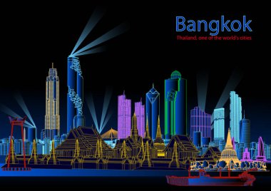 Bangkok gece silueti (Tayland) vektör ilüstrasyon iş gezisi ve modern binalar veya web sitesi imajı içeren turizm konsepti