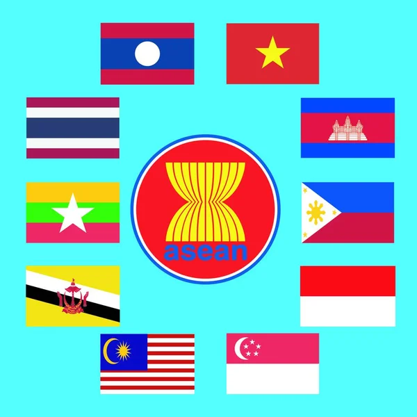 Asean 東南アジア諸国連合と会員協会旗のデザインを振る 東南アジア地図の背景 ベクトル — ストックベクタ
