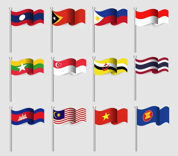 Anase Association Des Nations Asie Sud Est Membres Drapeaux Agitant — Image vectorielle