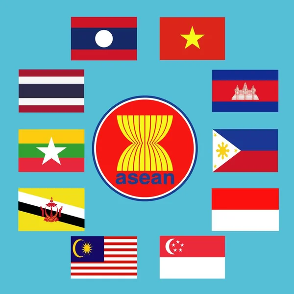 Asean Asociace Národů Jihovýchodní Asie Členství Mávající Vlajky Mapa Jihovýchodní — Stockový vektor