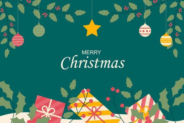 Yapraklı ve hediye kutulu bir Noel arkaplanı. Vektör illüstrasyonu.