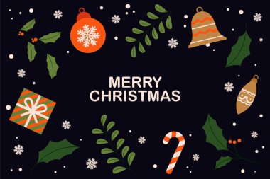 Noel arkaplanı ve farklı noel süslemeleri. Vektör illüstrasyonu.