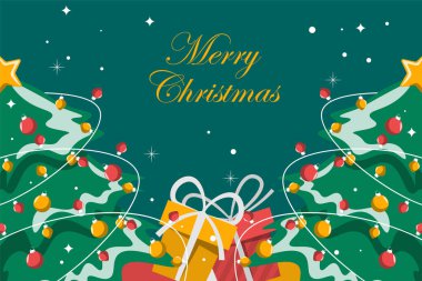 Noel ağacı ve hediye kutusuyla Noel arkaplanı. Vektör illüstrasyonu.