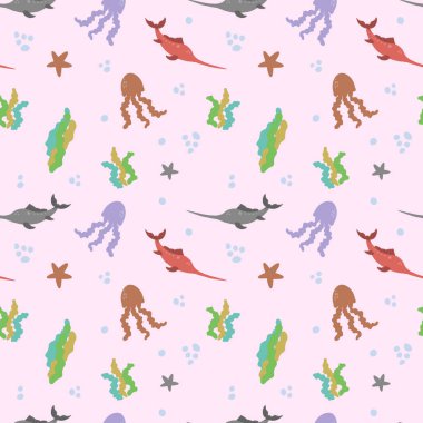 Elle çizilmiş dünya okyanusları, gün boyunca pürüzsüz desen. Vektör illüstrasyonu.