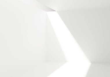 Minimalist beyaz oda ve güneş ışığı. 3B resimleme.