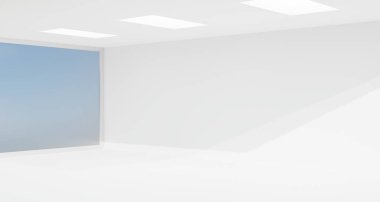 Minimalist beyaz oda ve güneş ışığı. 3B resimleme.