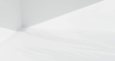 Minimalist beyaz oda ve güneş ışığı. 3B resimleme.