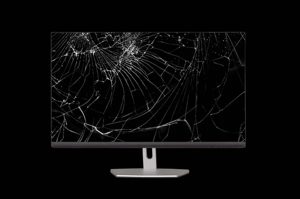 Monitor Ordenador Con Una Pantalla Rota Aislada Sobre Fondo Negro — Foto de Stock