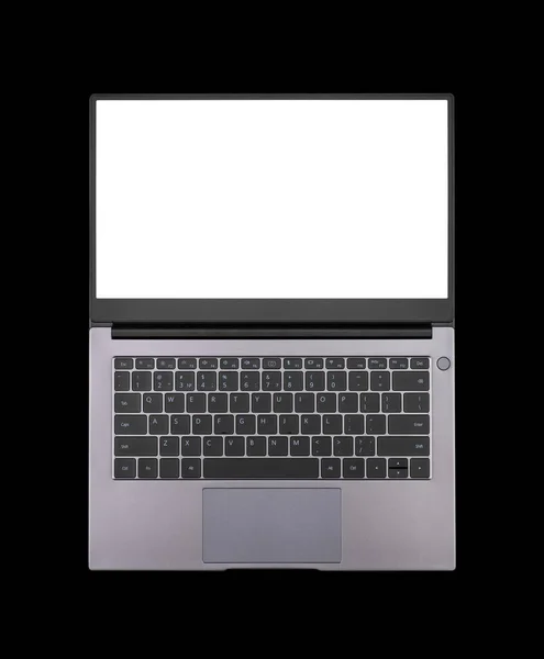 Білий Макет Відкритому Екрані Ноутбука Ізольований Чорному Тлі Вид Зверху — стокове фото