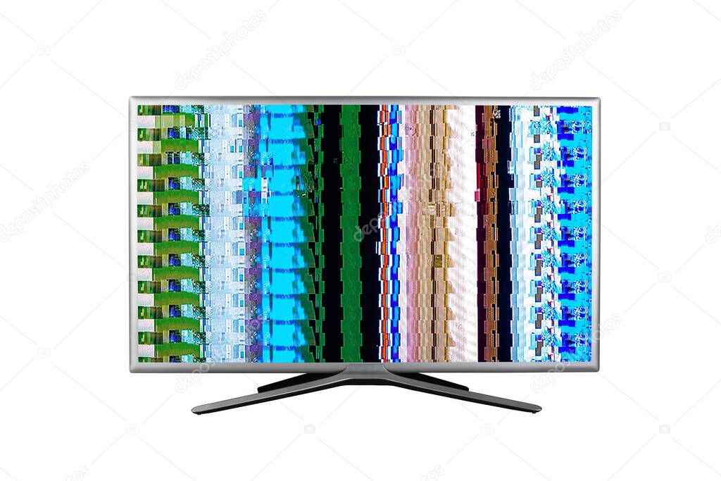 grey 4K television with digital glitches, distortions on the screen isolated on white background