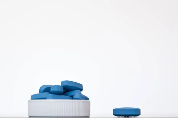 Many Blue Pills Piled Lid Single Out White Background Concept —  Fotos de Stock