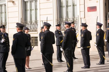 Alcala de Henares, Spain - June 18, 2022: Military honor picket at the exit of the newlyweds in Cervantes square in Alcala de Henares
