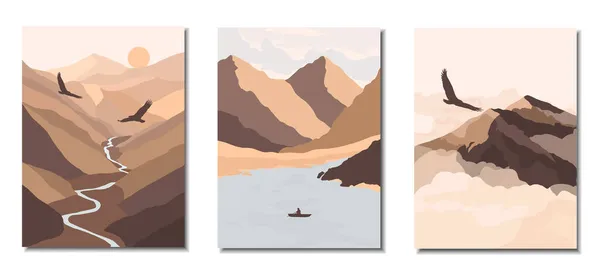 산, 강, 독수리, 호수, 구름으로 둘러싸인 현대적 인 미적 배경 풍경. 자연적 인 잔잔 한 색깔. 벡터 일러스트. — 스톡 벡터