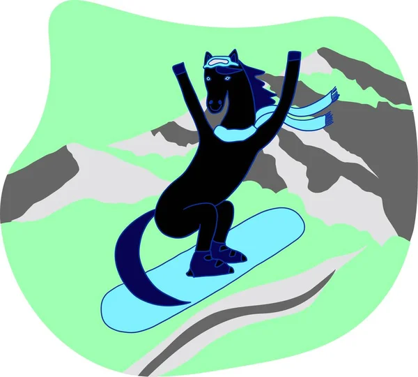 Caballo alegre monta una tabla de snowboard. el caballo es un snowboarder. Bosquejo vectorial, diseño de impresión en la camiseta, lindo tee print — Archivo Imágenes Vectoriales