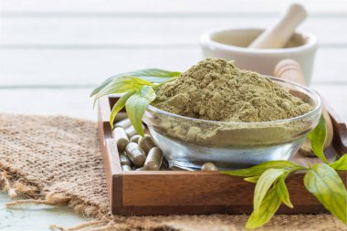 Andrographis Paniculata cam bardakta toz, kapsüller ve tahta tabakta yapraklar ve eski ahşap arka planda çuval.