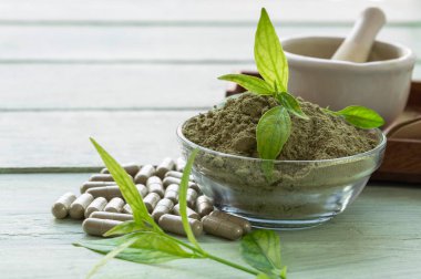 Andrographis Paniculata özü cam kaplama toz, ve bitkisel kapsüller, yapraklar, ahşap arka planda.
