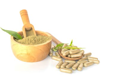 Andrographis Paniculata kapsülleri ve Paniculata özü toz, yaprak, kaşık tahta kasede, beyaz arka planda izole..